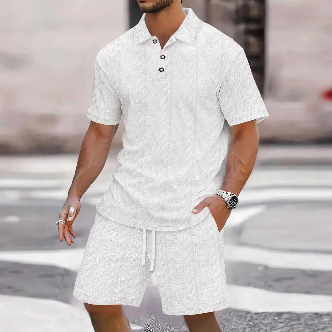2025 New Mens Summer Jacquard Solid Color Set Casual Beach Style Lapel Opening Short-Sleeved Drawstring Shorts Two-Piece Set W250609