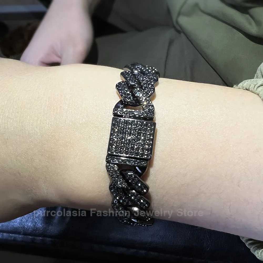 14mm Black Gray Bracelet Hip Hop Men Women Cuban Chain Bling Iced Out Rhinestones Paved Miami Necklace Jewelry W250606