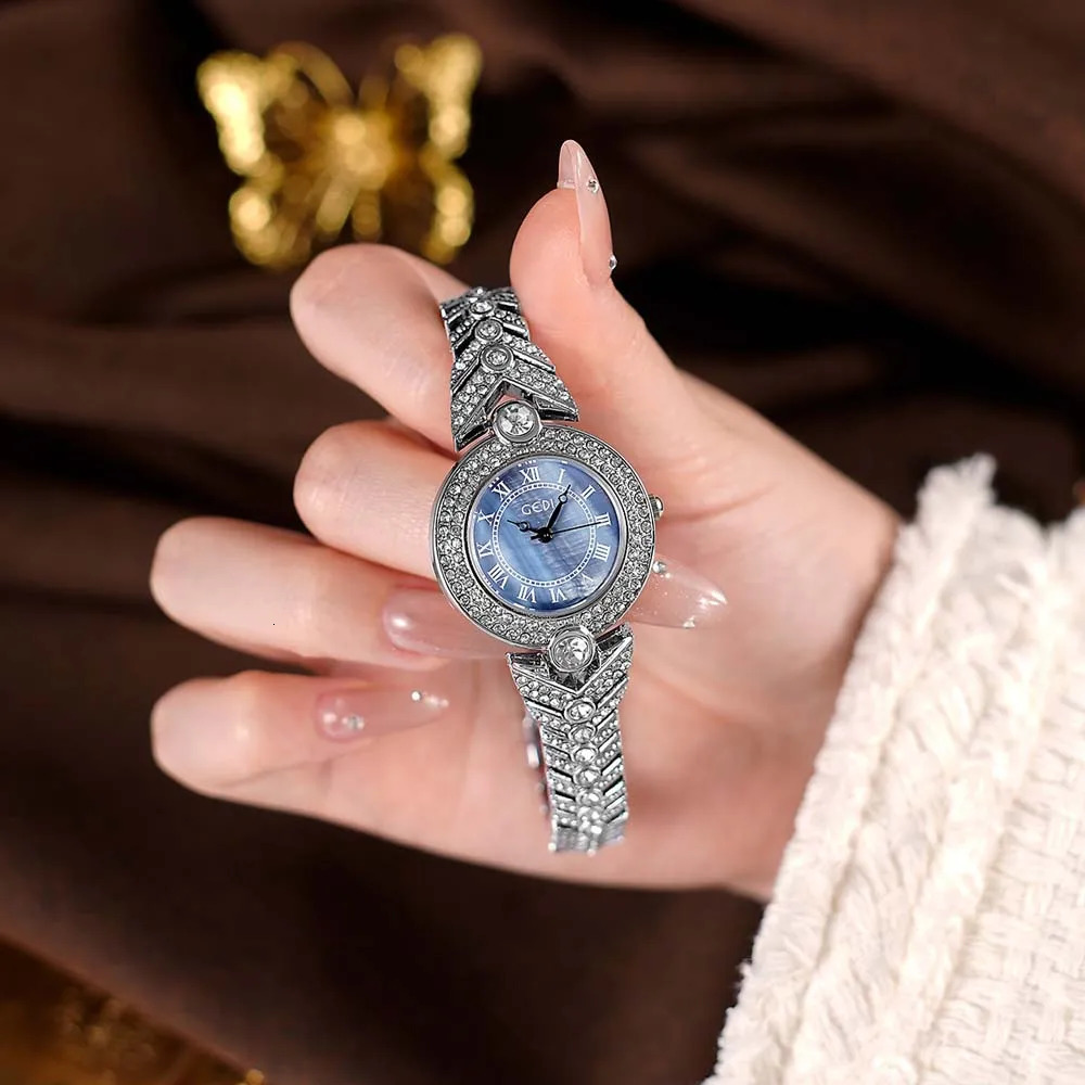 GEDI Womens Vintage Full Diamond Watch - Blue Mother-of-Pearl Dial Quartz Wristwatch Small Elegant 250606