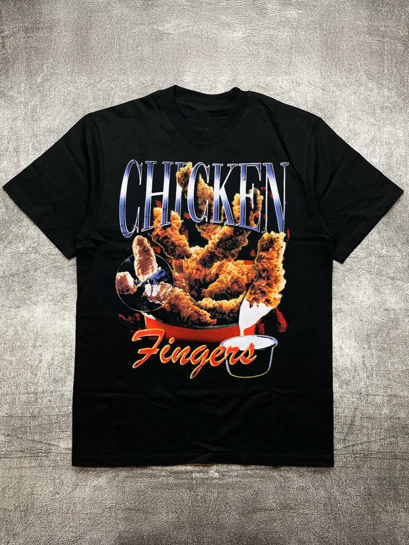 Mens Heat Transfer Print Cotton Round Neck Short Sleeve T-Shirt - Fried Chicken Food Theme Design Black 200g X250607