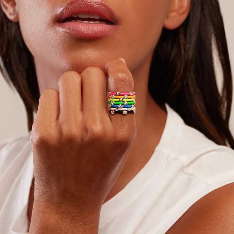 Colorful Enamel Gold Color Band Ring For Women Girl Neon CZ Stack Stacking Finger Rings W250606