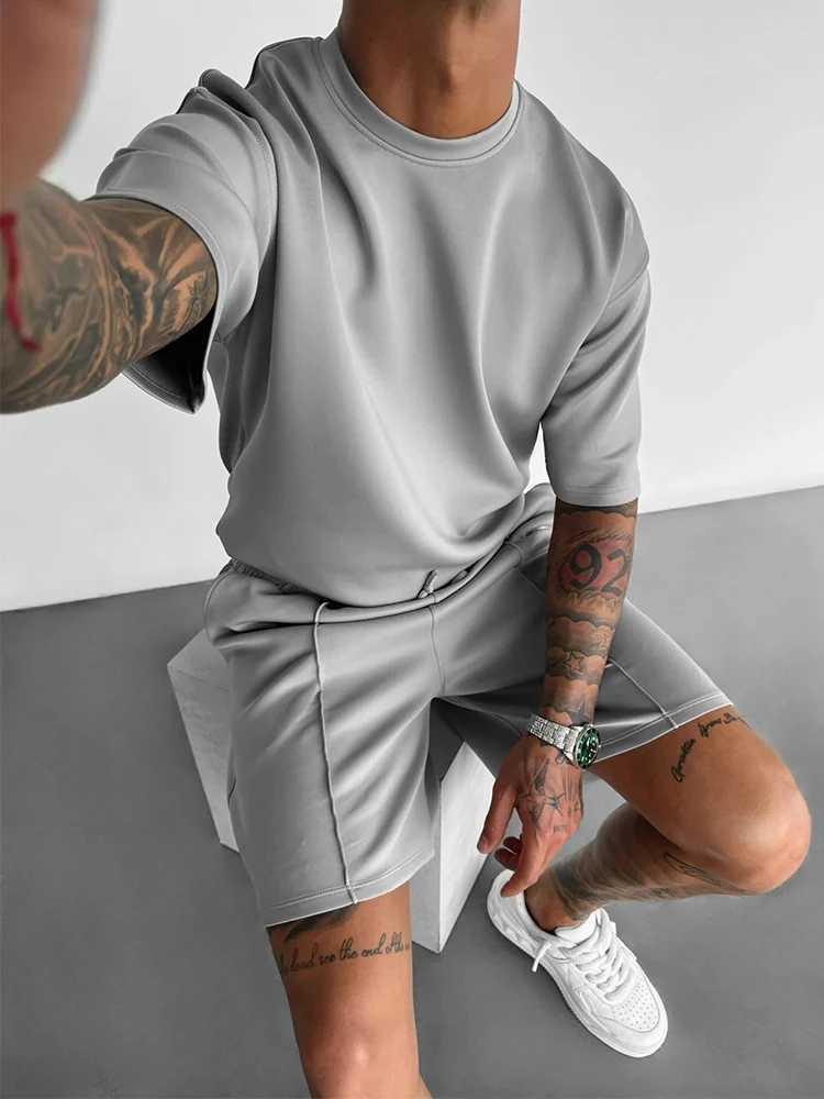 Streetwear Fashion Pure Color Mens Outfits Summer Stylish O Neck Short Sleeve T Shirt And Shorts Men Two Piece Suits Casual Sets W250609