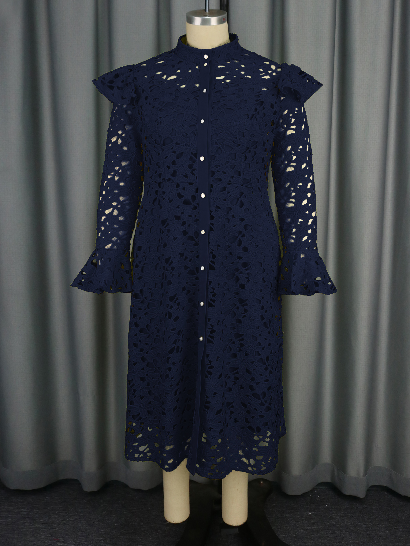 Elegant Women Plus Size Yellow Green Two Piece Sets Cutout Lace Straight Dress Full Trumpet Sleeve Stand Collar Midi Length Daily Wear AM040851SET