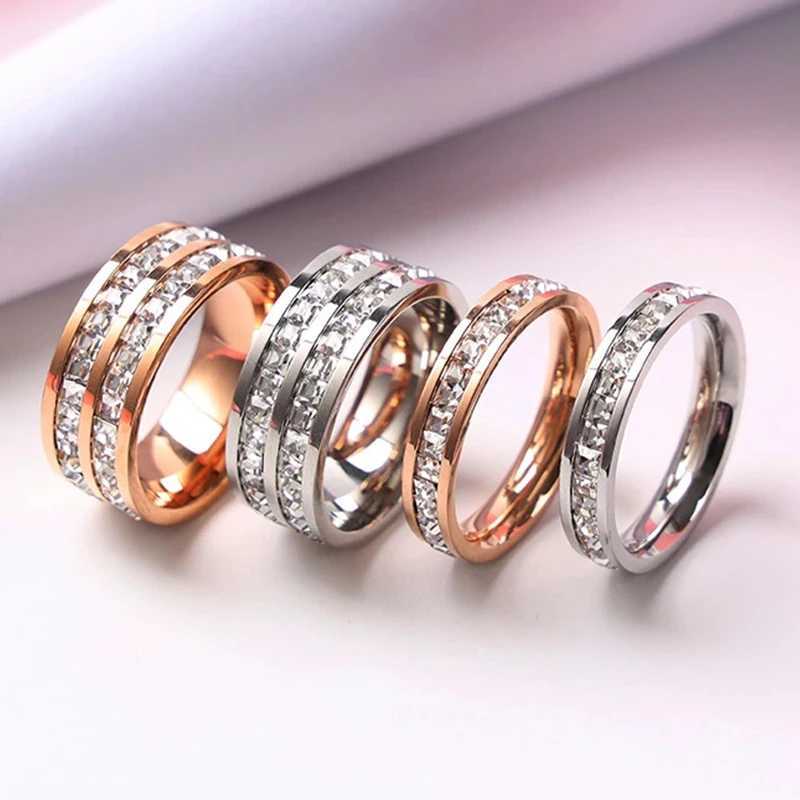 Luxury Rose Gold Color Single Double Row Square Zircon Stainless Steel Ring For Women Romantic Engagement Wedding Party Jewelry XJ250606