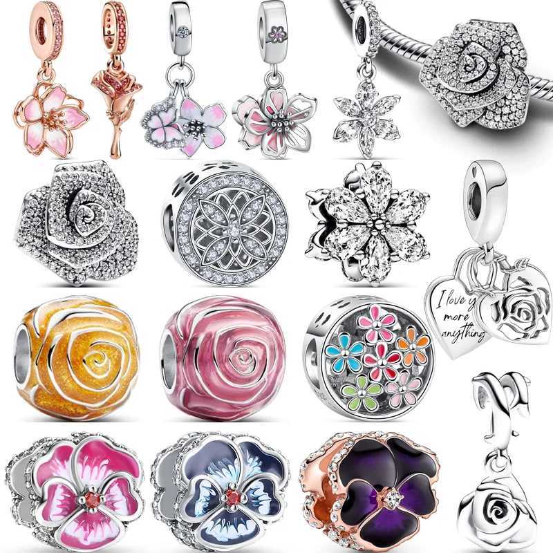 925 Silver Sparkling Rose in Bloom Oversized Charm Spring Flowers Symbolize Beads Fit Pantaro Charms Bracelet Fine JewelryXJ250607