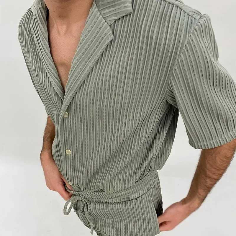 Men Sets Summer Casual Short-sleeved Shirt Shorts Fashion Striped Suit Male Two-piece Set Tracksuit Mens Clothing W250609