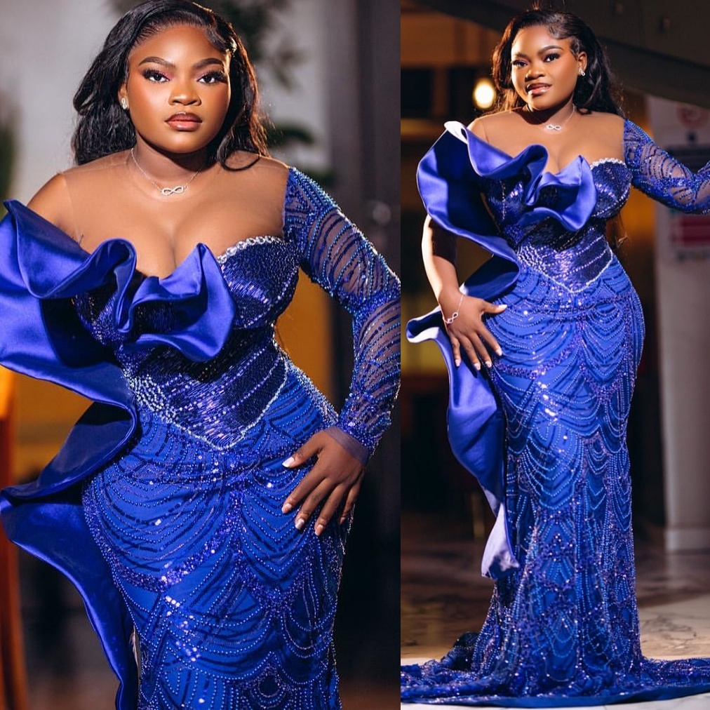 Royal Blue Mermaid Prom Dresses 2025 Sequined Crystals Ruffles Elegant Evening Formal Party Second Birthday Engagement Gowns Plus Size Dress For Speci