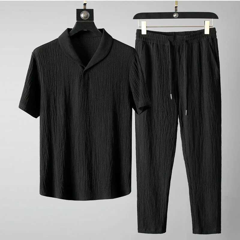 Mens Ultra-thin Two-piece Ice Silk Summer Set Two-piece Set Loose Fit Mid Sleeve T-shirt Sportswear Light Luxury Thin Quick W250609