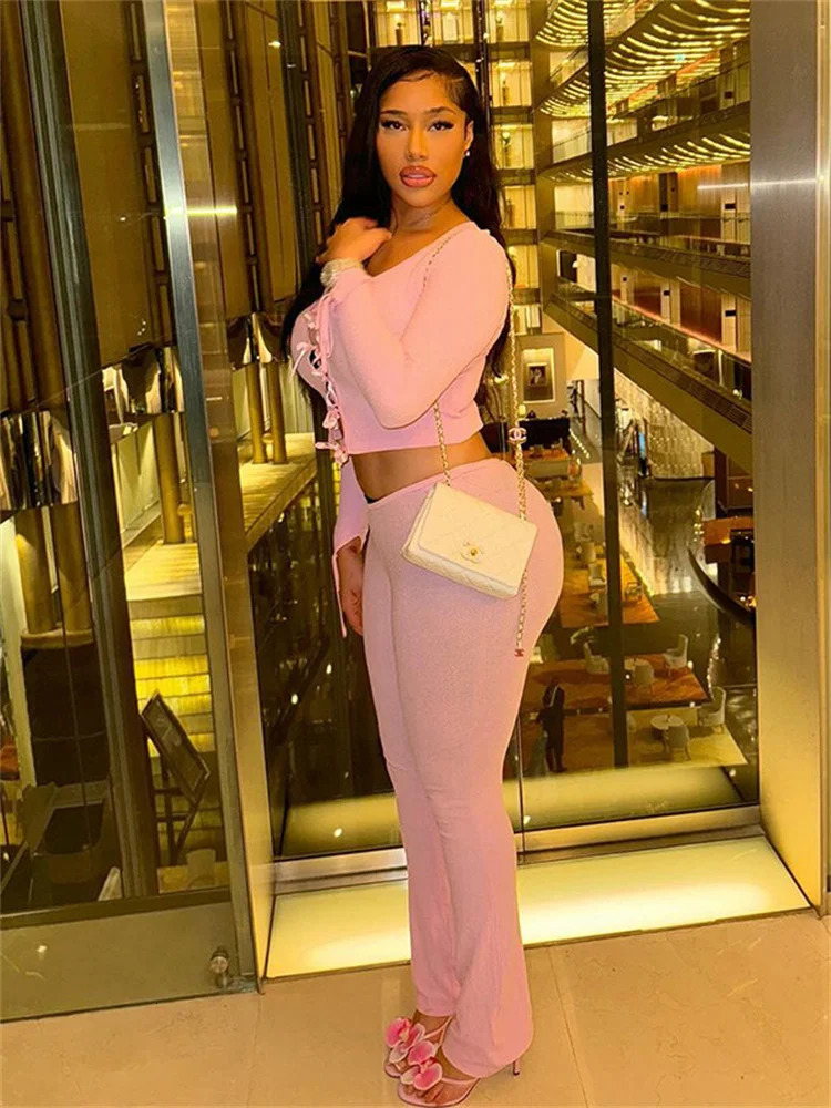 Weird Puss Bow Lace-Up 2 Piece Set Women Square Collar Hollow Full Sleeve Crop Tops Skinny Pants Matching tie Hipster Suits 250605