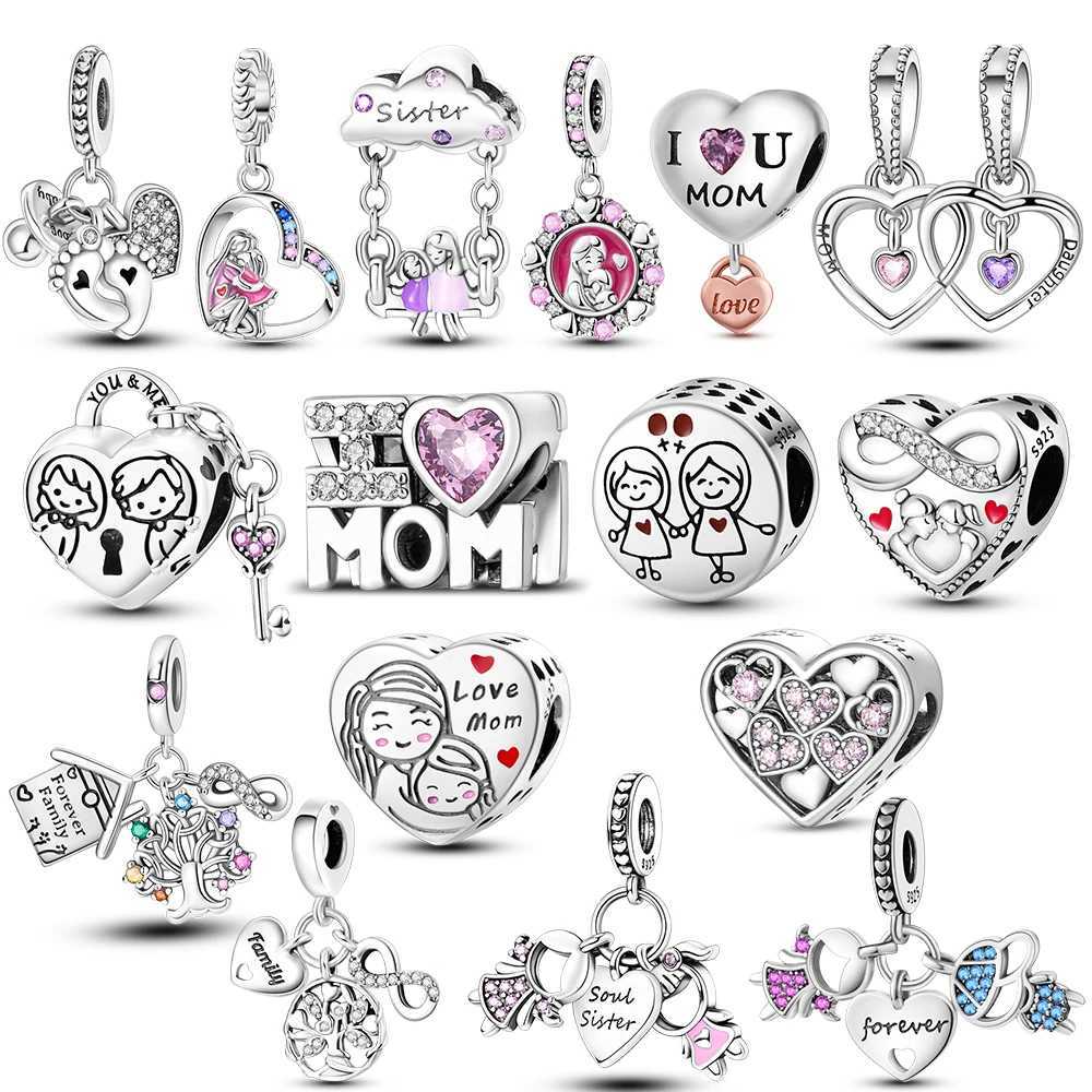 925 Silver Charms Mother Family Sister Heart Beads Fit Original Bracelet Necklace DIY Woman Jewelry Gift For FriendXJ250607