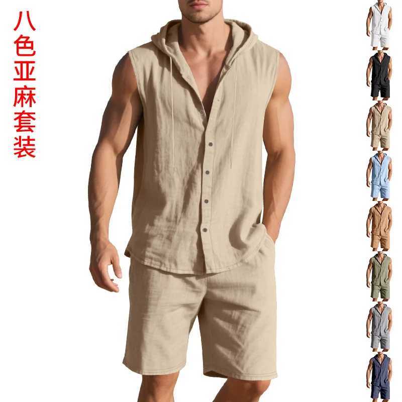 2025 Summer European and American Men Leisure Set Loose Linen Leisure Simple Hooded Sleeveless Shirt Shorts Two-Piece Suit W250609