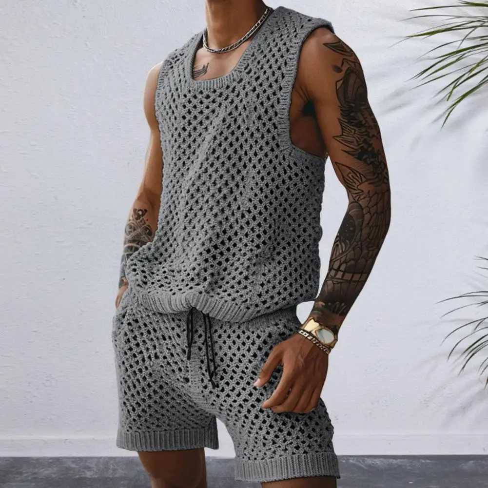 Vest Shorts Set Mens Casual Sleeveless Knit Top Drawstring Shorts Set for Daily Wear Elastic Waist Wide Leg Shorts for Men W250609