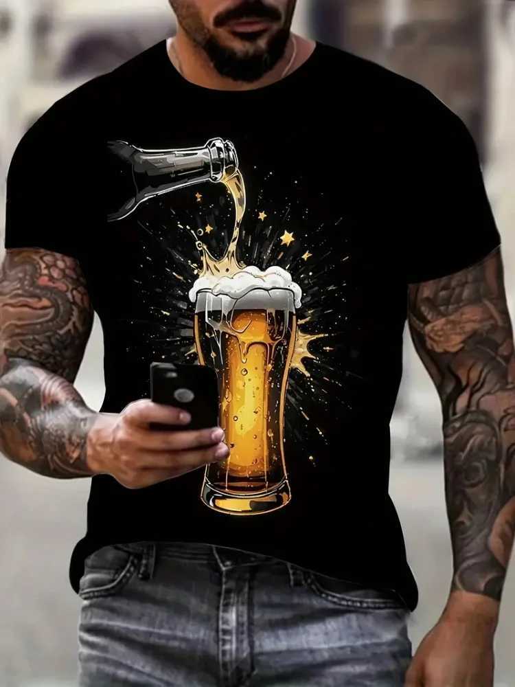 Summer Mens Crew-neck Casual Short-sleeved T-shirt Creative Beer Print Outdoor Street Trend Top Breathable And Comfortable W250607