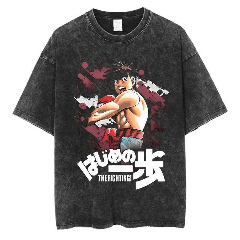 Vintage Cotton Washed T-Shirt Anime Hajime No Ippo Kamogawa Boxing Gym Loose T Shirts Men Women Y2K Hip Hop Summer Top T X250607