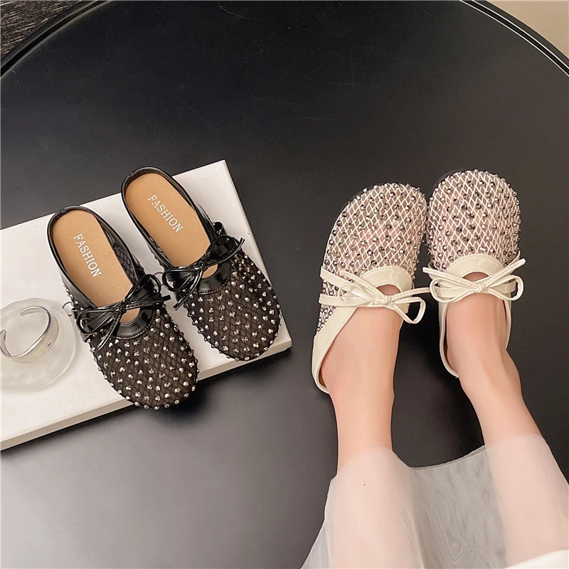 Summer Rhinestone Mary Jane Baotou Slippers Womens Summer Outward Wear Round Toe Shallow Mouth Bow Half Slippers 250603
