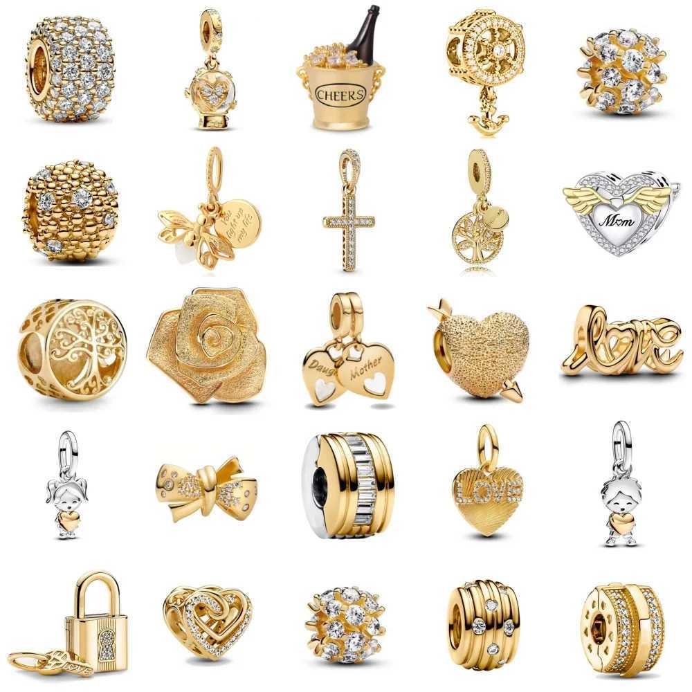 Original FitBracelet 925 Silver Accories Gift Golden Mom Rose Bead Heart Charm Key Lock Dangle Pendant Women DIY JewelryXJ250607