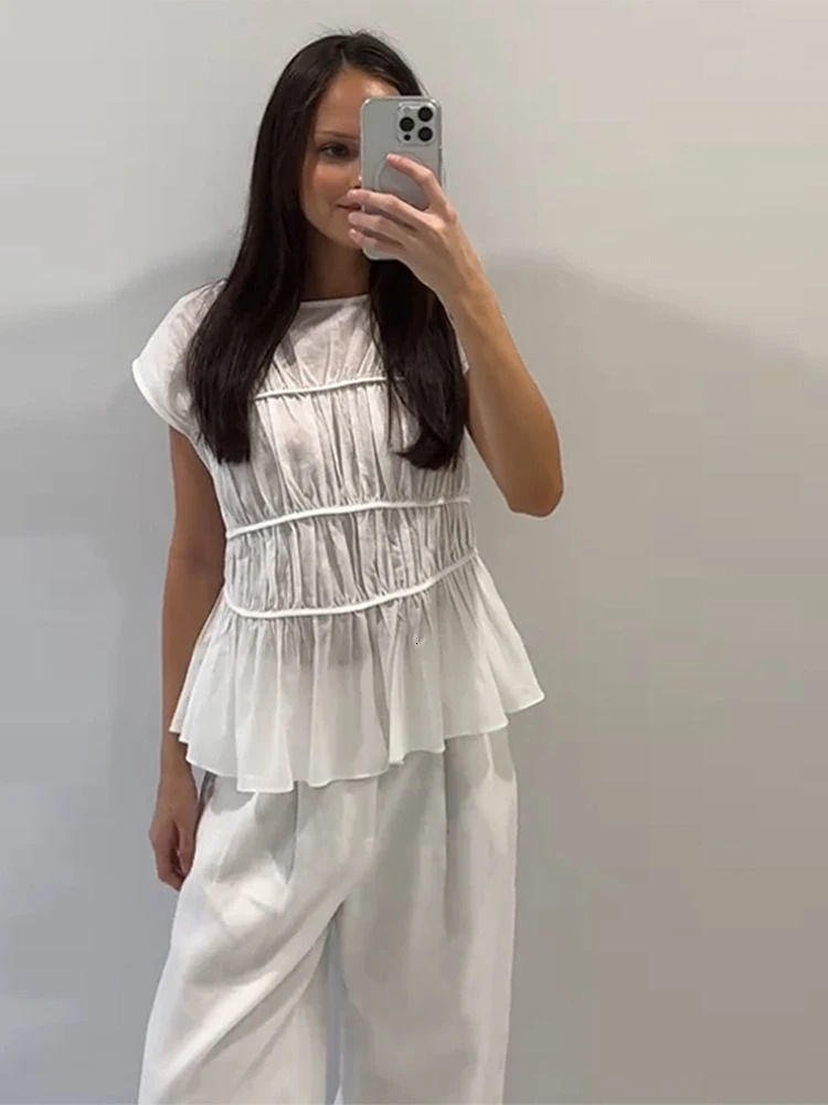 Casual Womens Trouser Suits Fold Top Sleeveless O-Neck Wide Leg Pants Solid 2025 Spring Summer Elegant 2 Pieces Set Women 250605