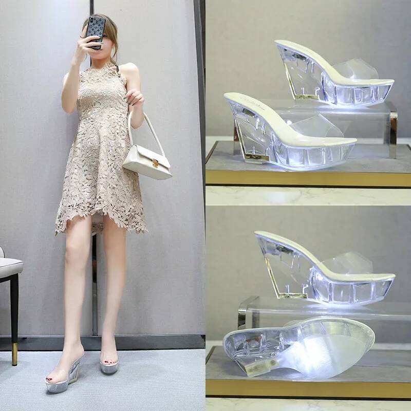 Ddmyoutdoor Ladies Trend CM Wedge High Heels Nightclub Luminous Sandals Transparent Sole Catwalk Pole Dance Shoes Women LED Light Slippers Beach outdo