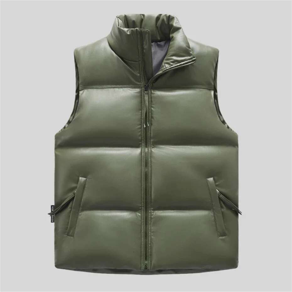 Windproof PU Leather Vest for Men Zipper Warm Thicken Waistcoat Thick Gilet Bread Winter Sleeveless Jacket Padded Coat