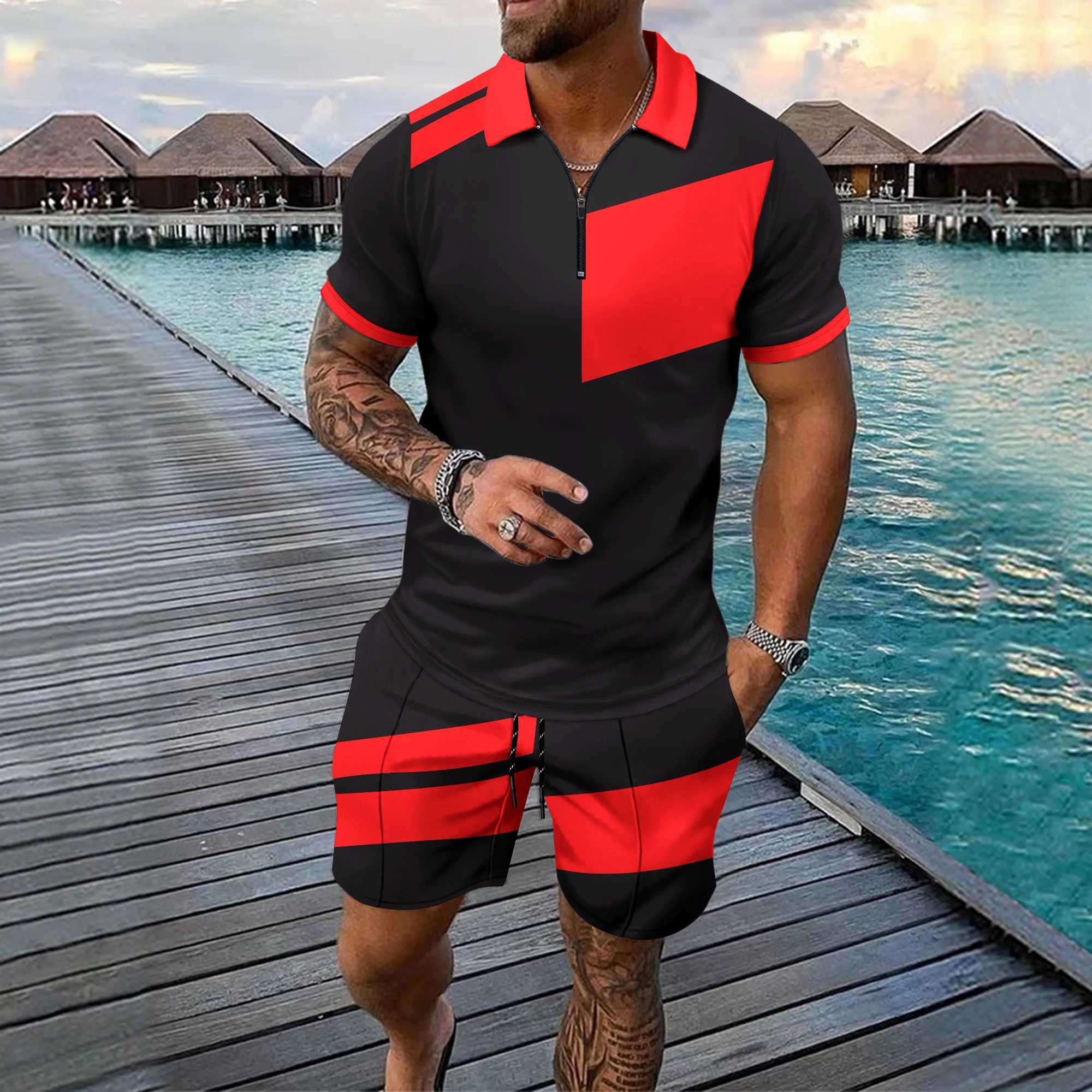 Summer Fashion 2 Piece Mens POLO Shirt+ Shorts Set Casual Splicing Printed Sportswear Street Outdoor Street Trend Men Clothing W250609