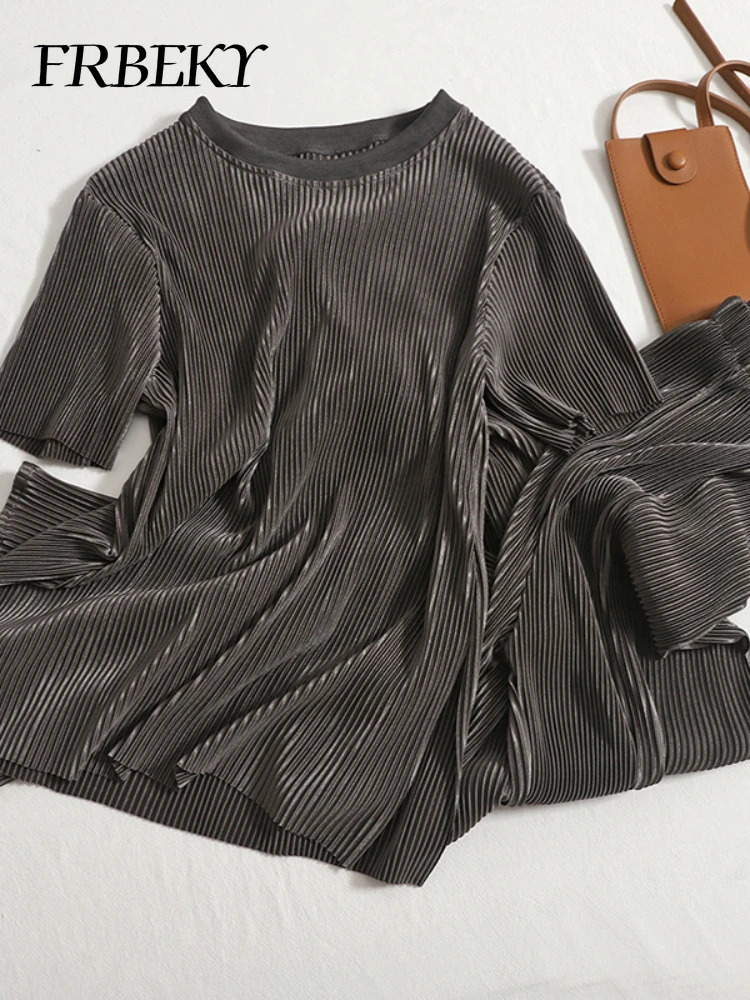 Pants Sets Summer Temperament Round Neck T-shirt Top High Waist Open Wide Leg Pants Two Piece Set for Women Elegant Suit 250605