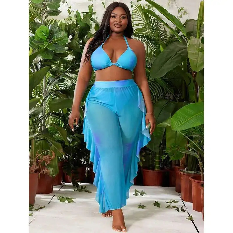 Color Solid Plus Size Split Swimsuit Womens Bikini Three Piece Set Sexy Gathering Pants Casual Y2k 250603