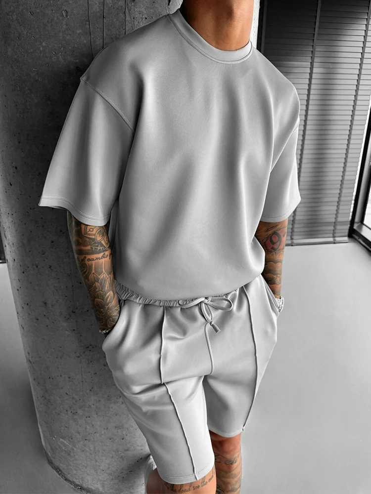 Streetwear Fashion Pure Color Mens Outfits Summer Stylish O Neck Short Sleeve T Shirt And Shorts Men Two Piece Suits Casual Sets W250609