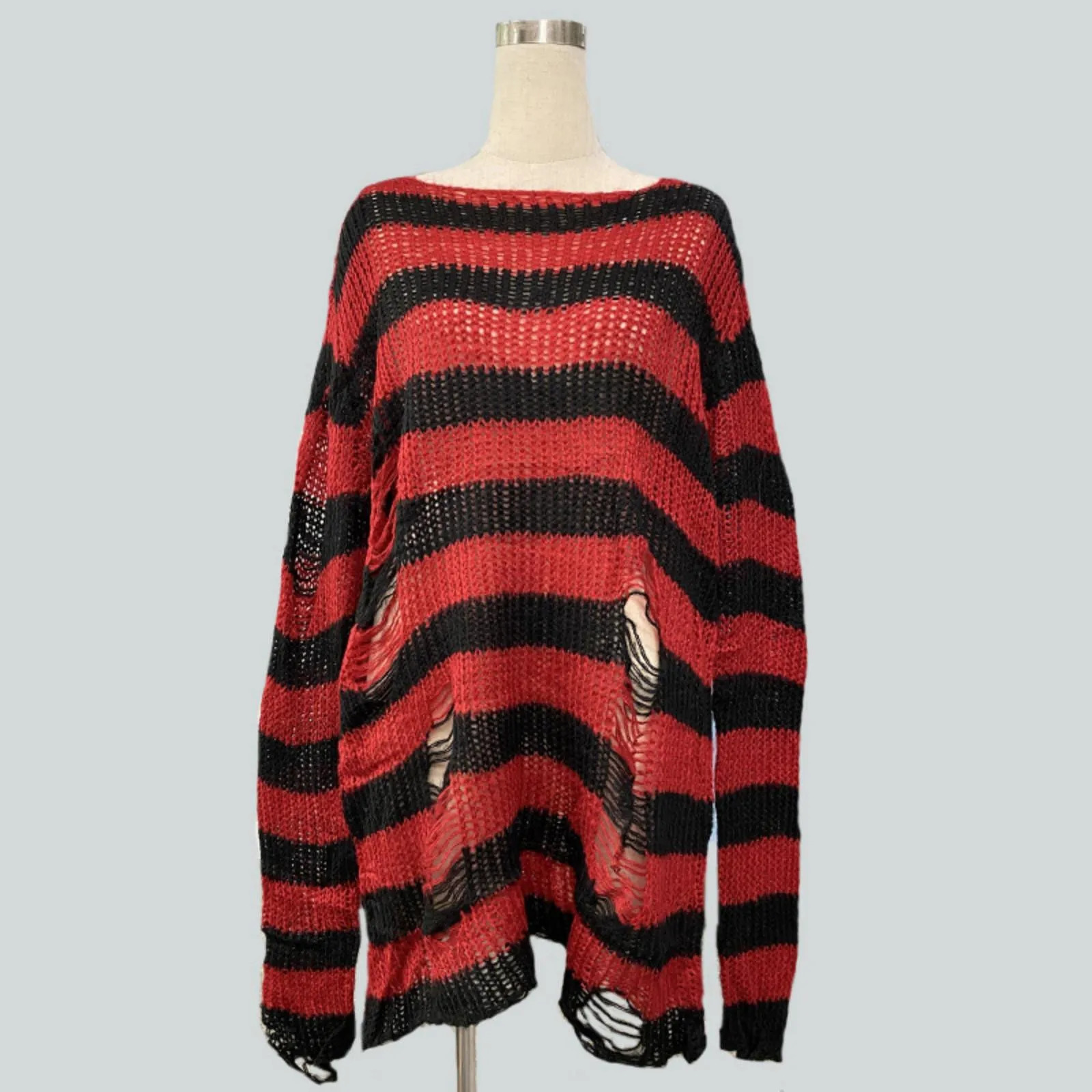 Loose Oversized Striped Sweater For Women Mid Length Pullover With Holes Lightweight Knitwear Black Red Stripe Gothic 250530