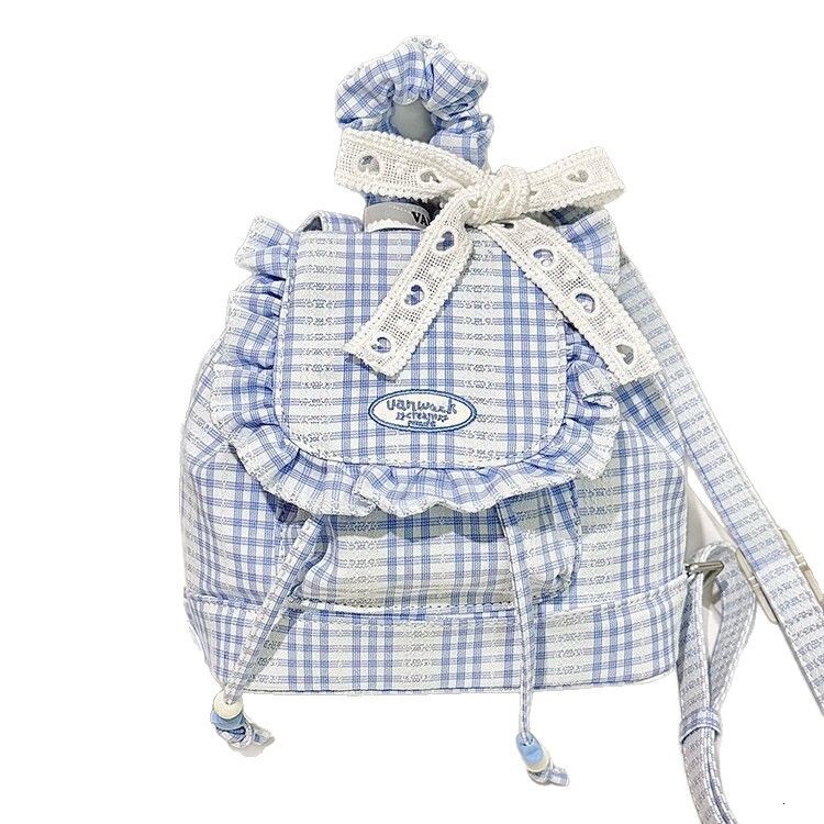 designer Korean Style Blue Lace Plaid Backpack for Women 2025 New Sweet Ruffle Edge Backpack College Style Commuter School Bag