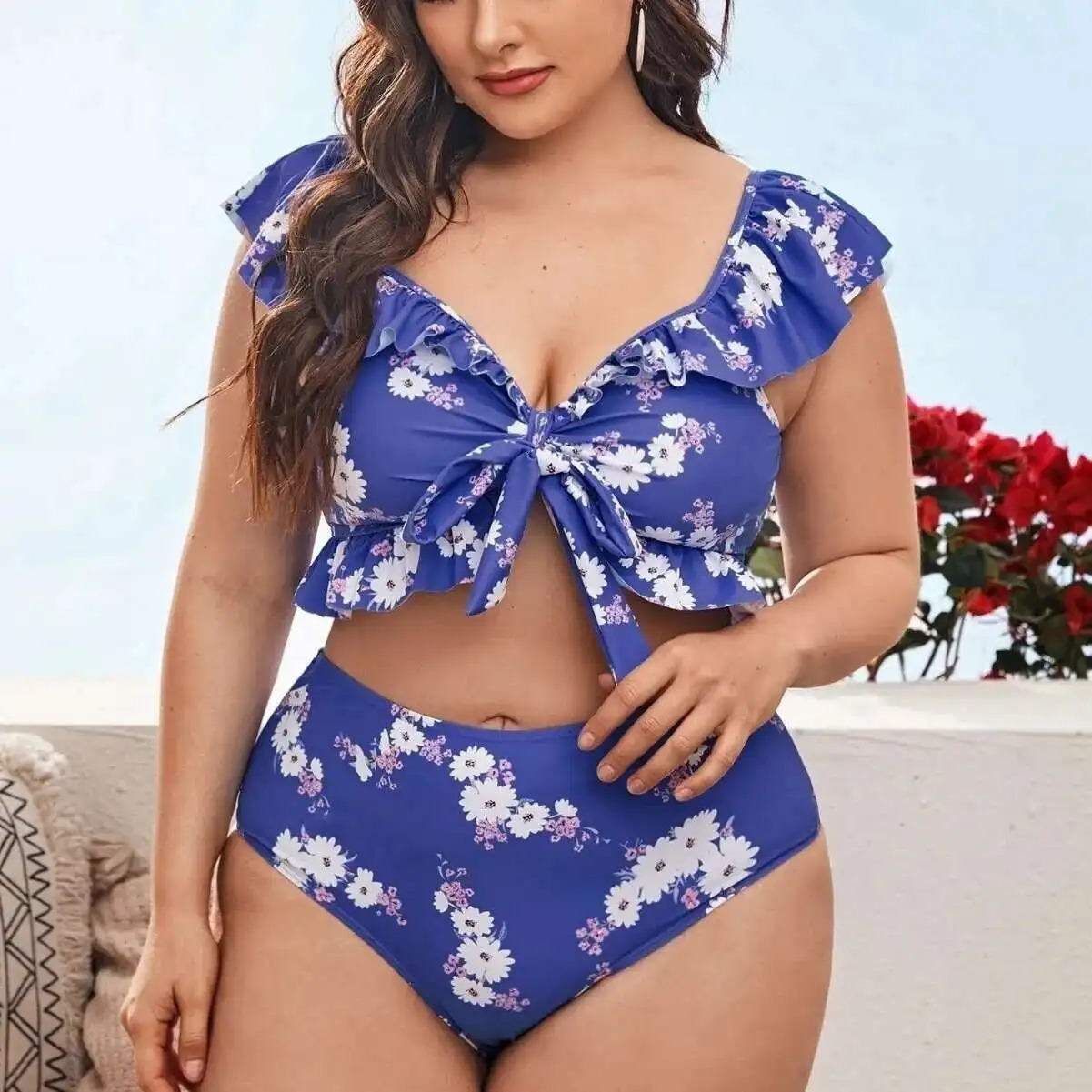 Large Size Split Swimsuit Womens Print Lace Up Bikini Beach Vacation 2025 Party Summer Elegantes Casual Y2k 250603