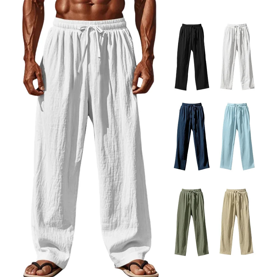 2025 Mens Cotton and Linen Casual Pants Simple and Comfortable Straight Leg Pants Waist Drawstring Plus Size Looser 250605