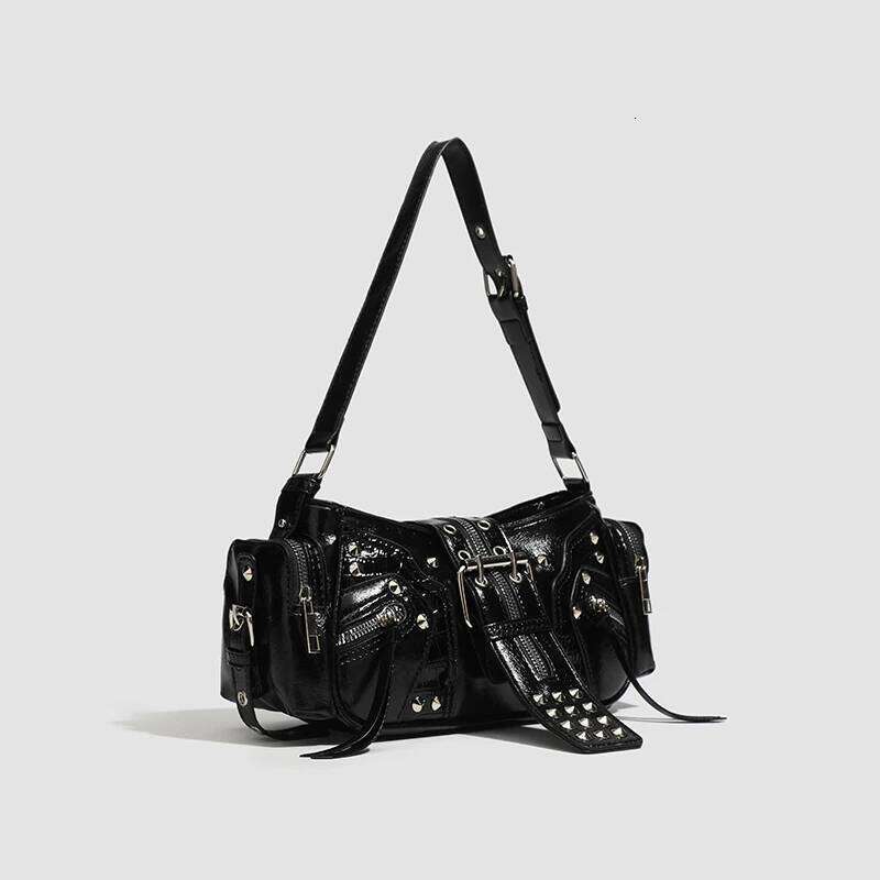 Female retro punk rivet motorcycle PU leather one-shoulder armpit bag designer fashion spicy girl Y2K off-road handbag