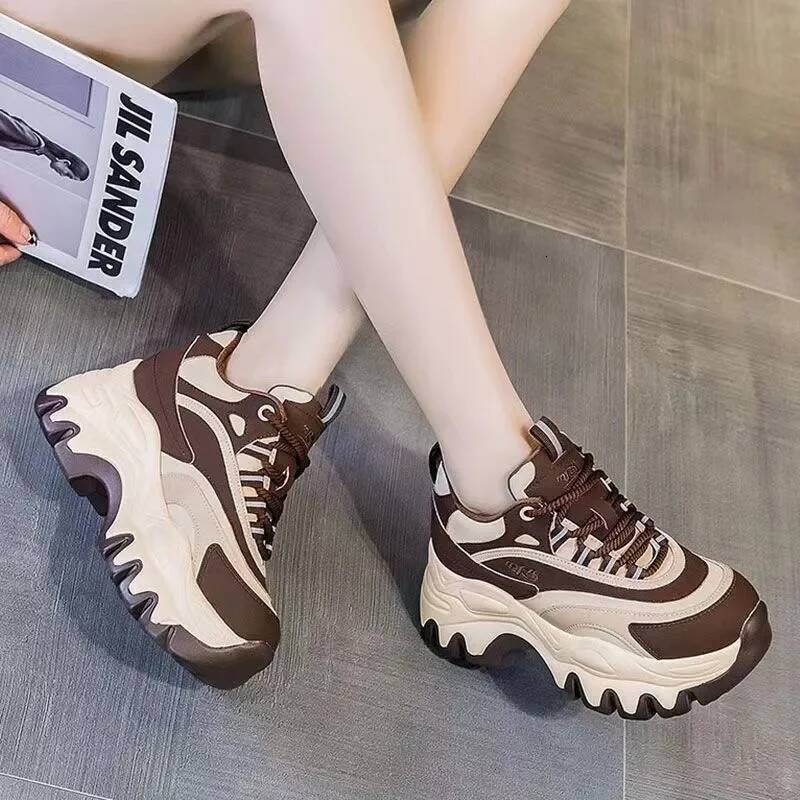ddmyoutdoor Women Casual White Shoes CM Fashion Height Increasing Thick Bottom Spring Platform Leather Woman Chunky Sneakers Outdoor Outdoor Shoes