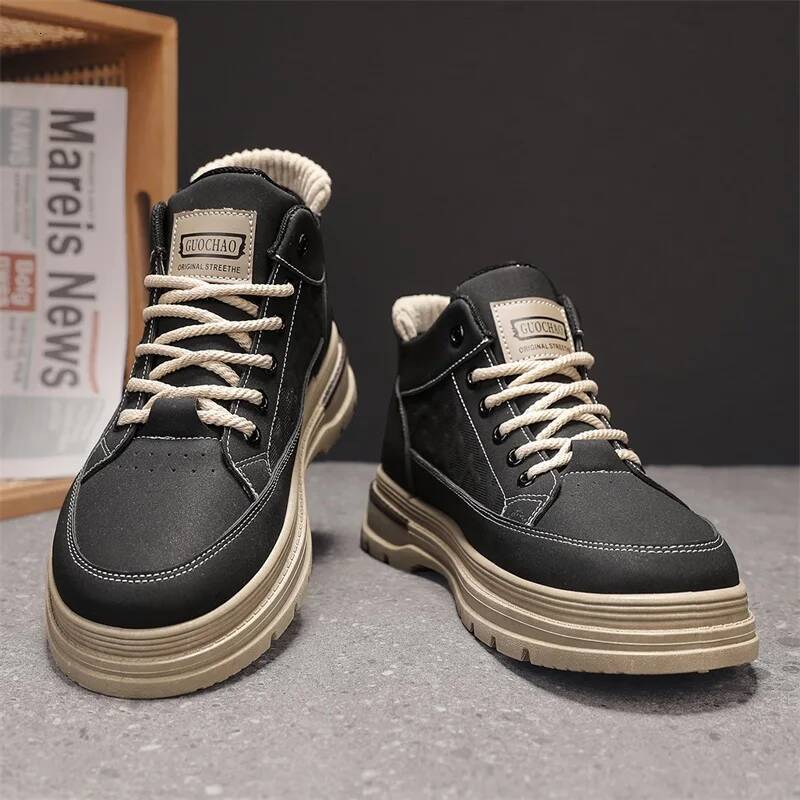 Ddmyoutdoor New British Retro Mid Black Versatile Men S Platform Anti Slip Casual Workwear Shoes Trendy Low Top Short Boots Outdoor Shoes