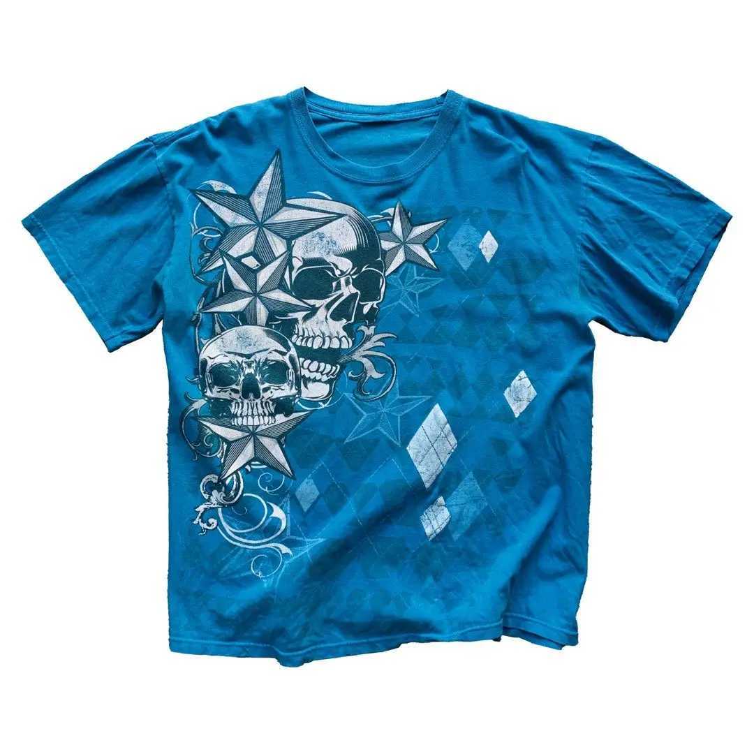 Vintage Y2K Distressed Gothic Skull Wings Printed T-shirt Men Summer Cotton Sweatshirt Hip-hop Rap Women Tops Oversized t-shirt W250607