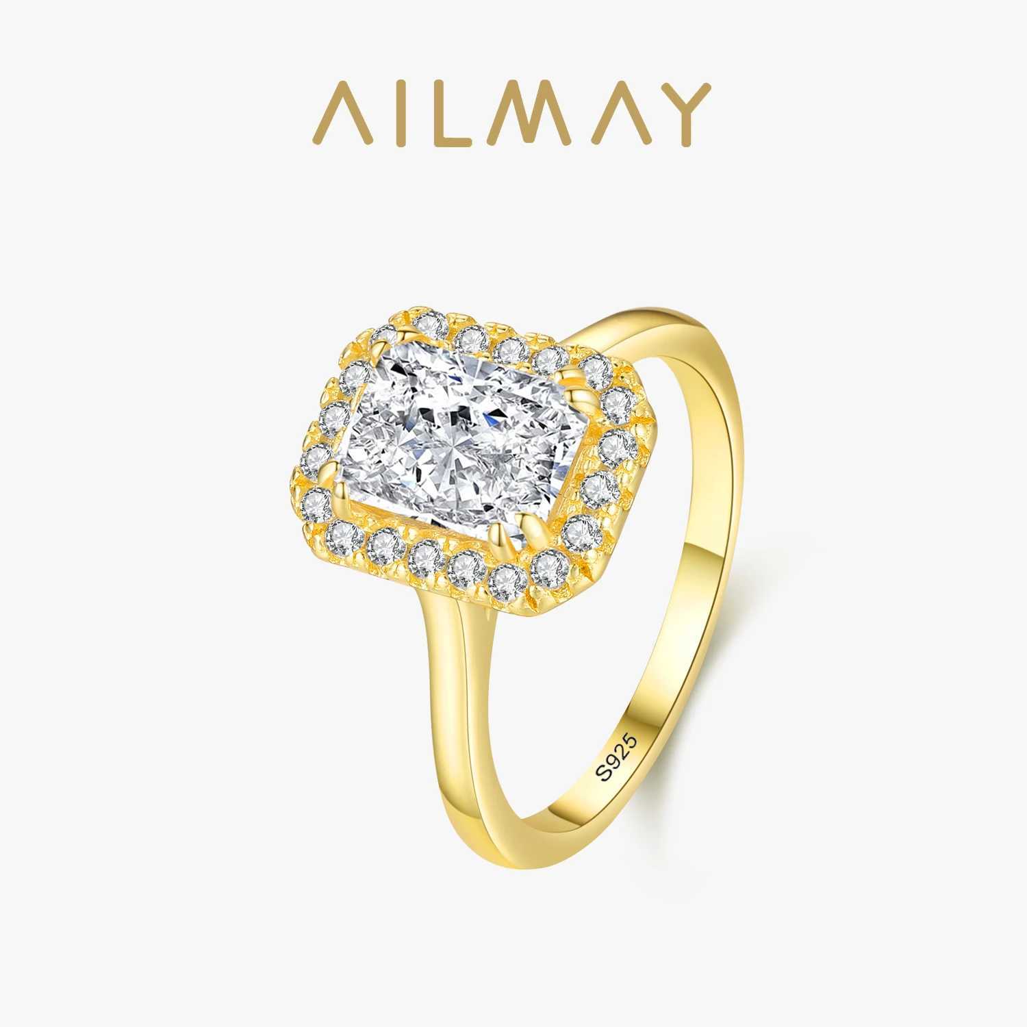 Ailmay 925 Sterling Silver Luxury 8A Crushed Iced Out Cut Zirconia Gold Color Ring For Women Wedding Anniversary Jewelry Gifts XJ250606