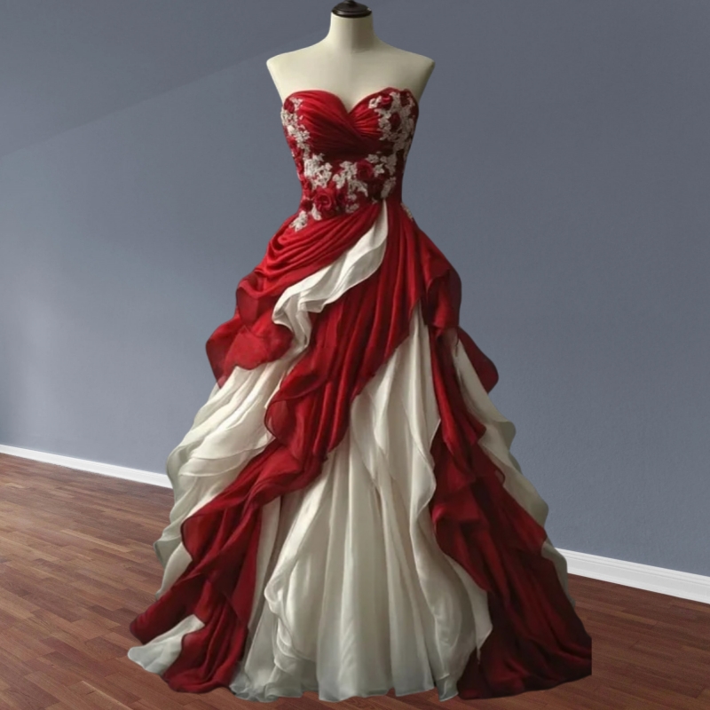 Vintage Ivory And Red A-Line Wedding Dresses Lace Flowers Appliques Sweetheart Long Elegant Bridal Gown Ruffle Tiered Vestido De Novia Back lace-up