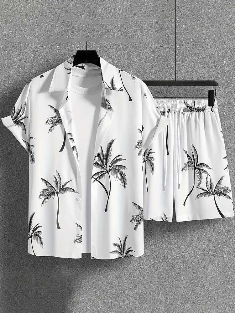 Coconut Tree Print Mens Short Sleeve Shirt And Beach Shorts Set Summer Everyday Mens Casual Shirt Hawaiian Style Mens Shorts W250609