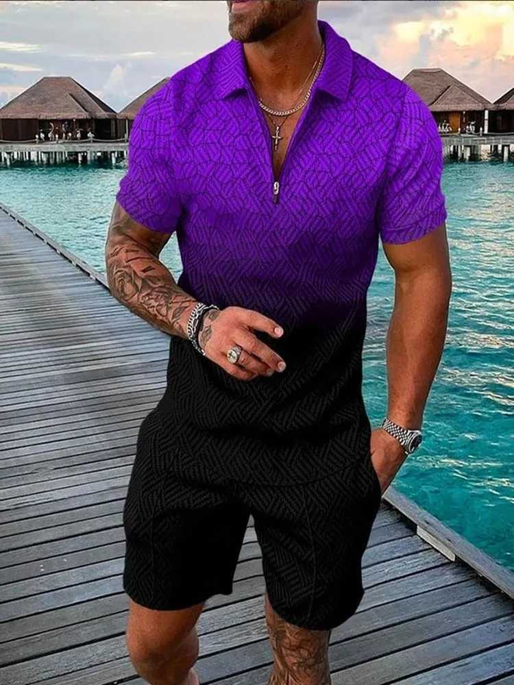 New Summer Mens Polo Shirt Set 3D Printed Short Sleeve+Shorts Two-piece Set Outdoor Leisure Fashion Zipper Polo Sportswear Tops W250609