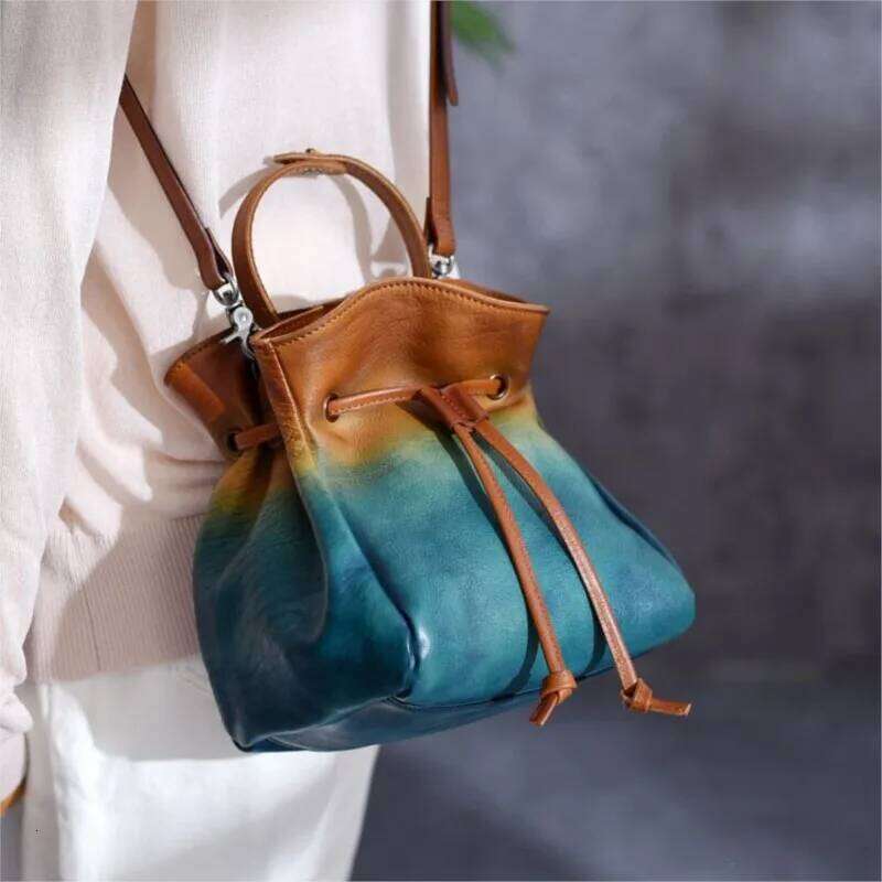Johnature Vintage Drawstring Bucket Bag Genuine Leather Summer 2025 New High Quality Natural Cowhide Shoulder & Crossbody Bags