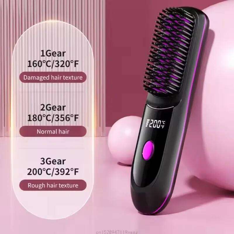 Electric LCD Usb Ceramic Heating Straight Hair Wireless 160-200C° Mini Dryer Hot Comb Straightener Anti-Scaldbrush