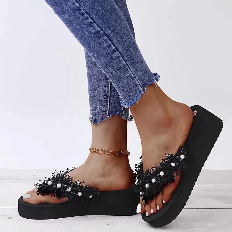 Fashion Pearl Decor Thick Bottom Slippers Women Colorful Sequins Clip Toe Wedge Sandals Female Lightweight Non Slip Slides Mujer 250603