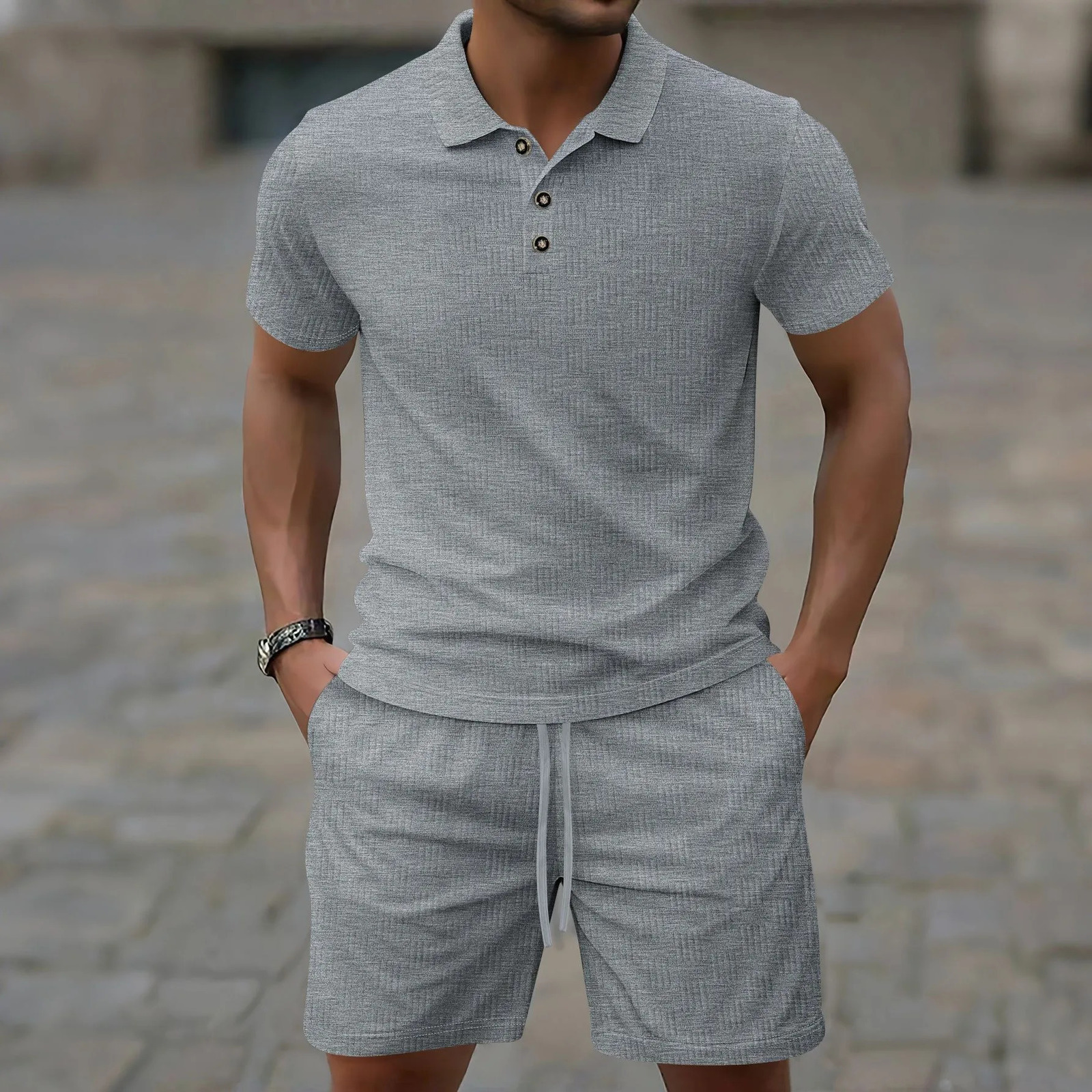 Summer mens suit Solid color threaded corduroy short sleeve lapel top jacquard polo shirt drawstring shorts mens suit 250605