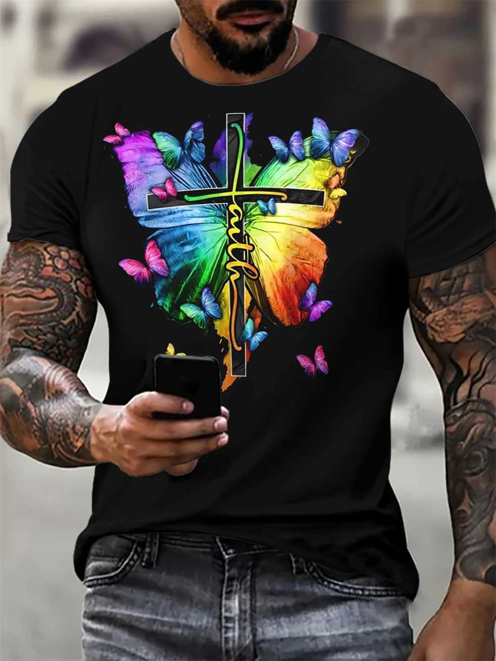 Christian Mens Clothing T Shirts Oversized T Shirt Gothic Jesus Christ Cross 3D Print O-Neck Tops Vintage Hip Hop Short Sleeve W250607