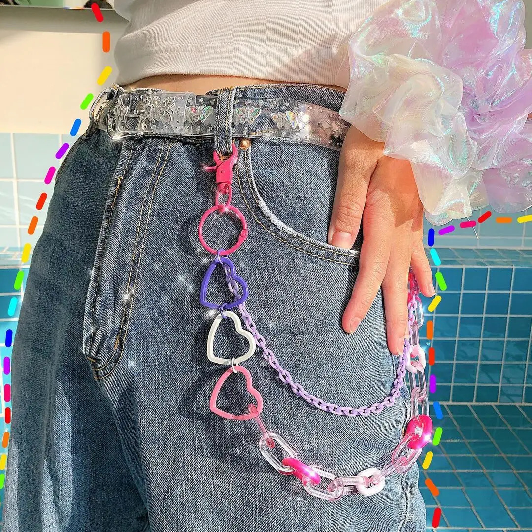 Hip Hop Rainbow Resin Chain Keychain Men Women Cute Waist Chain Multicolor Acrylic Flower Pants Trousers Chain Punk Jewelry 250606