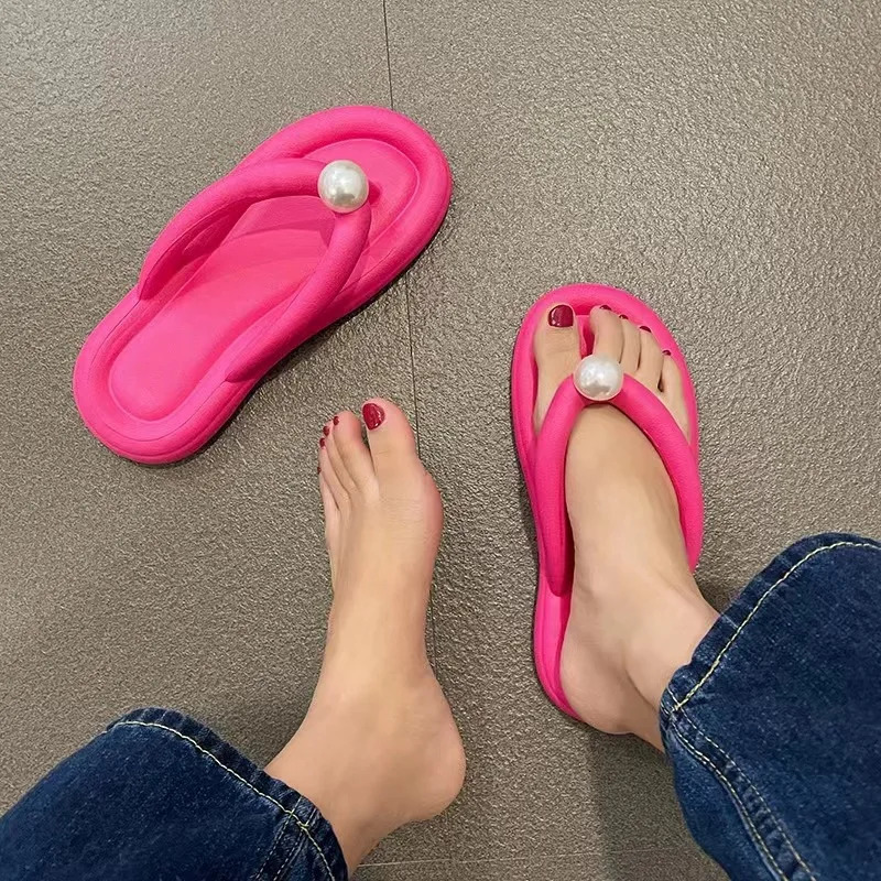 Fashion Pearl Soft Flip Flops for Women Summer Clip Toe Platform Pillow Slides Woman Light Non Slip Beach Slippers Sandals 250603