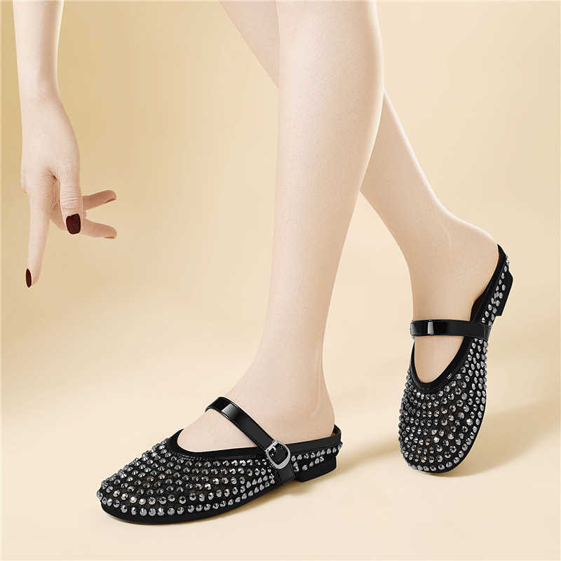Fashion Mesh Rhinestone Runway Shoes Round Toe Mary Jane Shoes Breathable Flat Ballet Flats For Women Summer