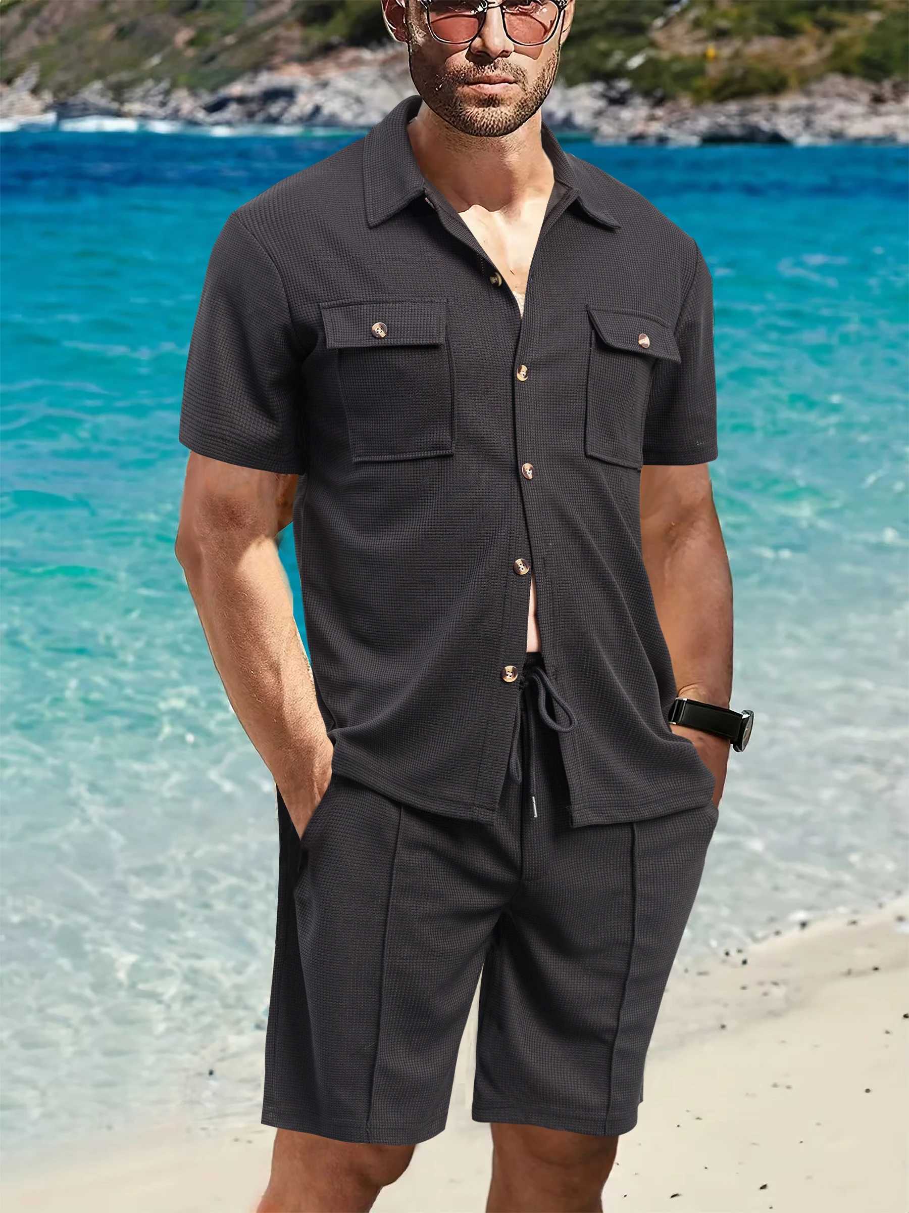 Summer New Men Waffle Solid Color Casual Pocket Shirt Short Sleeve Shorts Outdoor Beach Two-Piece Suit W250609