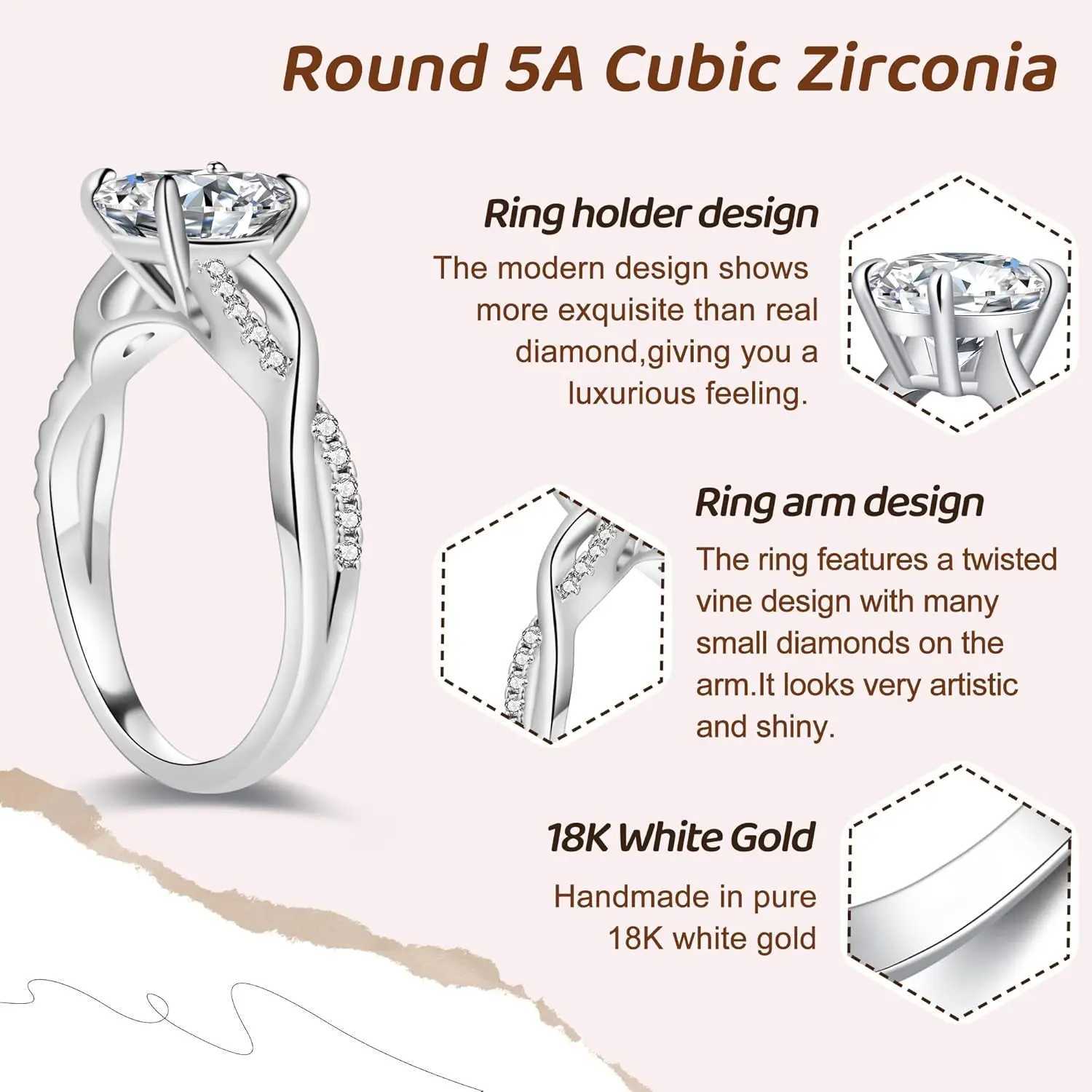 925 Sterling Silver CZ Round Solitaire Engagement Ring with 18K Gold Plating Wedding Bands Couple Rings for Her 1.5/2/3/4/5CT W250606