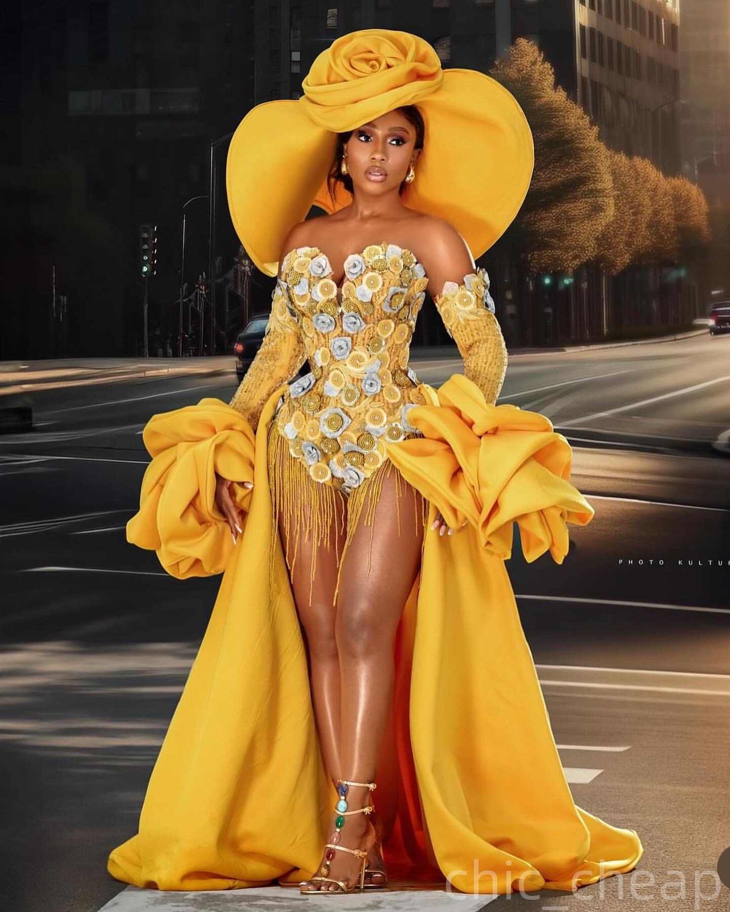 Yellow Mermaid Prom Dresses 2025 Flowers Beadings Satin Hi-Lo Evening Formal Party Second Birthday Engagement Gowns Plus Size Dress For Special Occasi